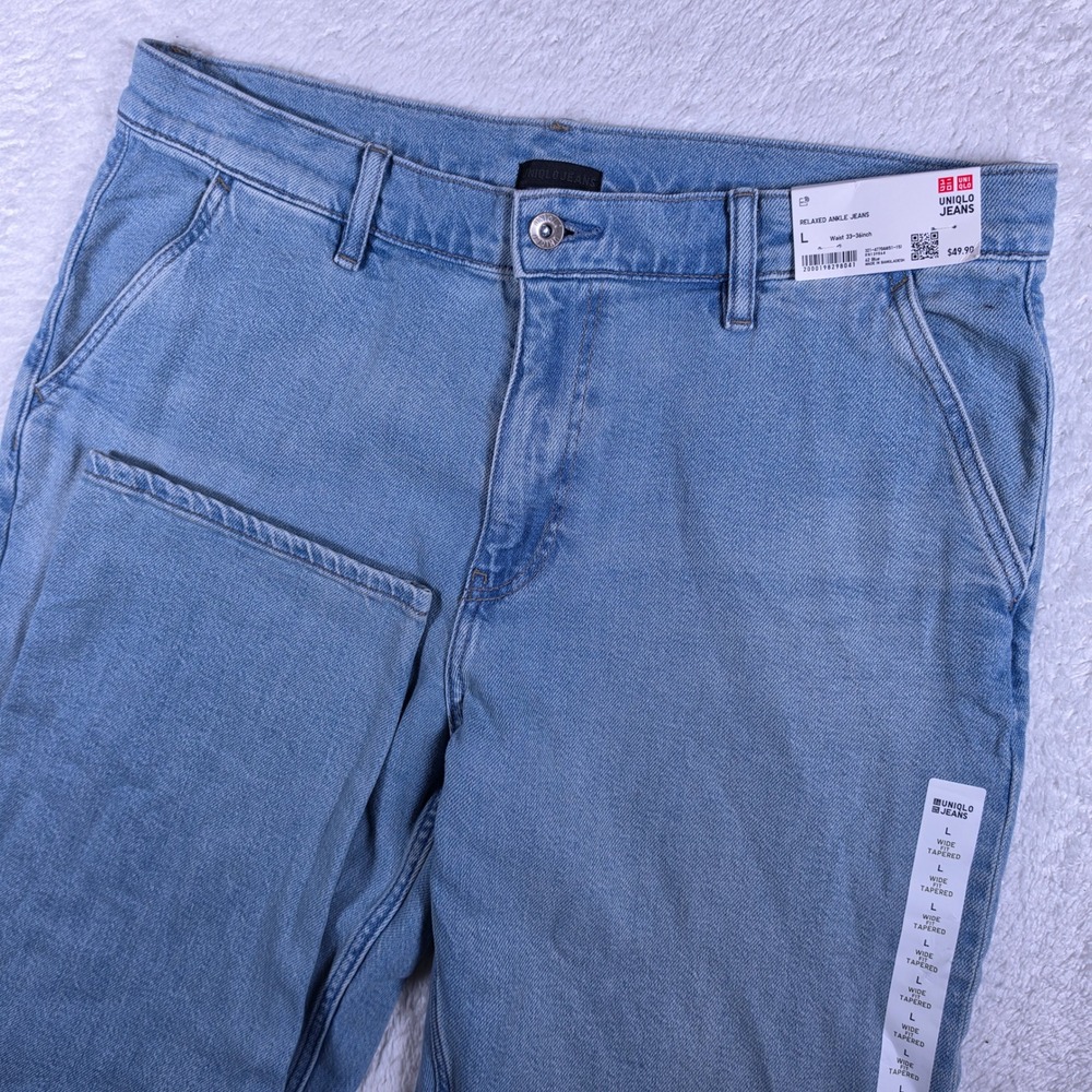 NEW Uniqlo Relaxed Ankle Jeans Mens L Blue Wide Fit Tapered 477044